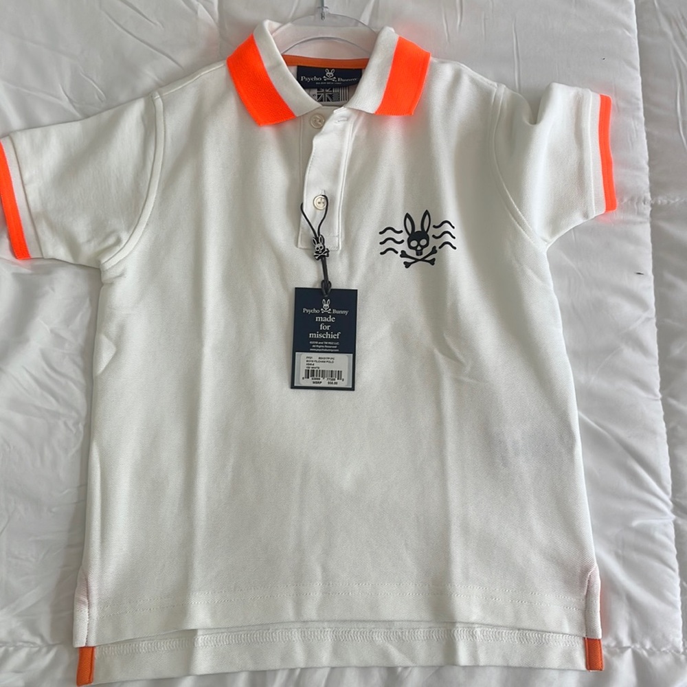 NWT psycho bunny polo in white and orange Sz 5-6 XS boys